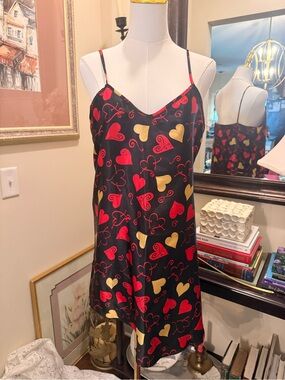 Vintage Satin Heart-Print Slip Dress - Black/Red/Gold